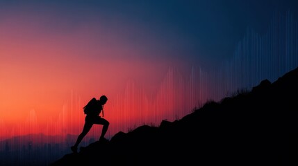 Obraz premium A silhouette of a hiker climbing a mountain against a vibrant sunset sky with a city skyline in the distance.