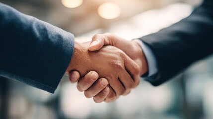 Two hands shaking in an office setting.