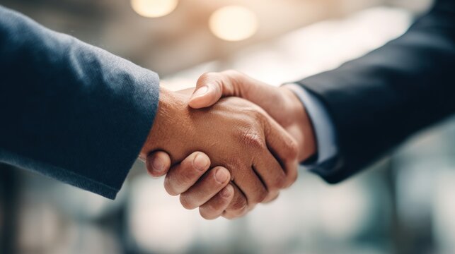 Two hands shaking in an office setting.