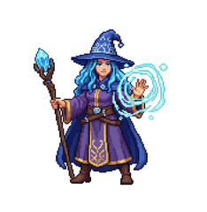 pixel art female wizard casting magic spell fantasy illustration