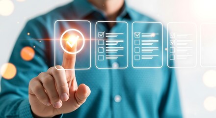 Mans finger touching a glowing icon on a digital interface with checklist options displayed