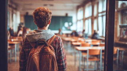A young boy with a backpack walking through an empty classroom.
