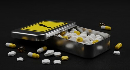 Pill Box with Hazard Symbol and Scattered Medications: Drug Safety, Overdose, or Addiction Concept