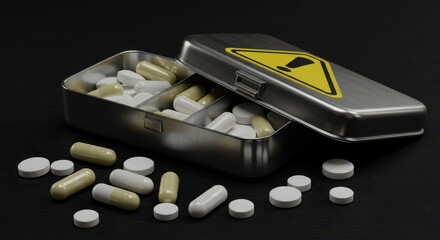 Pill Box with Hazard Symbol and Scattered Medications: Drug Safety, Overdose, or Addiction Concept