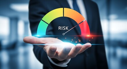 Businessman holding a risk meter showing a high level of danger and uncertainty