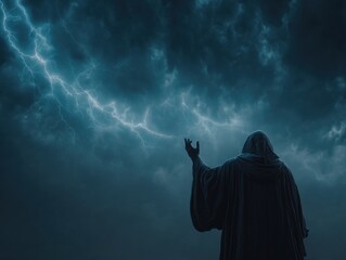 Mysterious Hooded Figure Summoning Lightning During Stormy Night