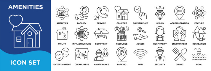 Amenities icon collection set. Containing amenities, facility, service, comfort, convenience and luxury icon. Simple line vector