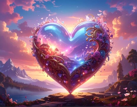 A large, shimmering heart floats above a landscape at sunset with a floral embrace