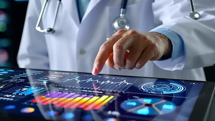 Doctor analyzing patient data on a tablet, showcasing health metrics and digital graphs in a clinical setting - Powered by Adobe