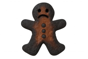 Burnt gingerbread man cookie with a sad face, an overcooked baking failure on transparent background