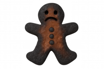 Burnt gingerbread man cookie with a sad face, an overcooked baking failure on transparent background