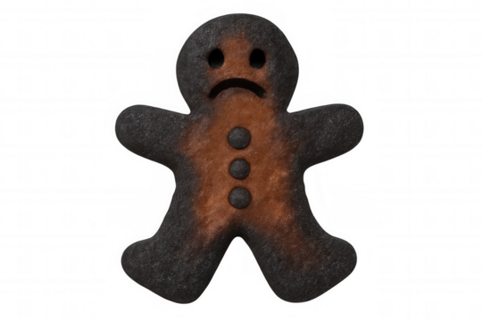 Burnt gingerbread man cookie with a sad face, an overcooked baking failure on transparent background