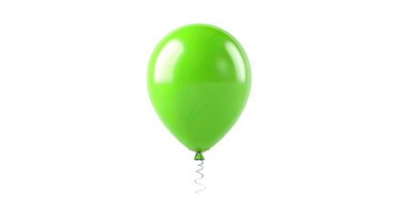 Green balloon floating on black. Shiny texture and springy wire dangle below