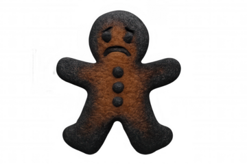 Burnt sad gingerbread man cookie concept representing cooking failure, disappointment, or an overcooked baking mishap