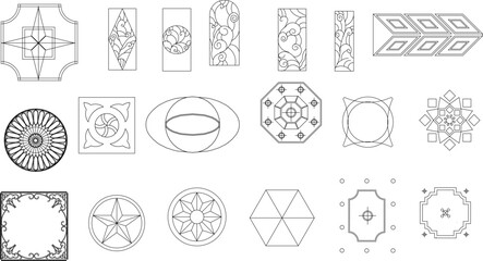 A set of black and white line art decorative elements, including geometric patterns, ornate flourishes, and abstract shapes for various uses.
