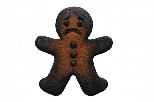 Burnt sad gingerbread man cookie concept representing cooking failure, disappointment, or an overcooked baking mishap