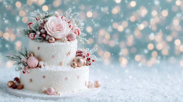 Minimal white Christmas cake decorated with candy canes red berries and frosted greenery on snowy table with warm bokeh lights for holiday advertising and social media