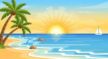 Obraz premium A serene tropical beach scene with palm trees swaying gently in the breeze, a radiant sun setting over the horizon, and a sailboat gliding across the tranquil sea