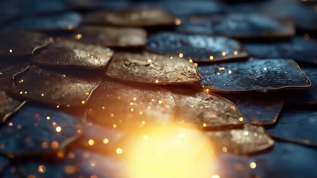 Close up of golden and bronze armor scales reflecting light