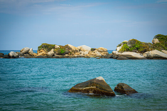 Tropical Rocky Coastline, Caribbean Sea and Granite Boulders in Tayrona National Natural Park, Santa Marta, Colombia