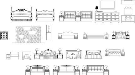 A set of black and white line art illustrations of bedroom furniture, including various bed styles, dressers, and nightstands
