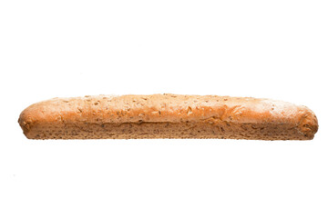 A freshly toasted bread loaf is showcased against a clean white background, perfect for design and culinary inspirations. The golden brown crust invites creativity.