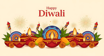 Celebrate the Festival of Lights with Happy Diwali Illustration featuring Diyas Firecrackers and Traditional Indian Decor