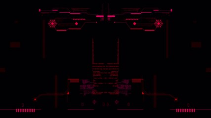 Dynamic Sci-Fi HUD Animation Featuring Glowing Red Hacking Code and Symmetrical Interface Elements - Powered by Adobe