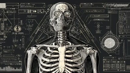 Anatomical illustration of a human skeleton with overlay of digital data and diagrams in a scientific context - Powered by Adobe
