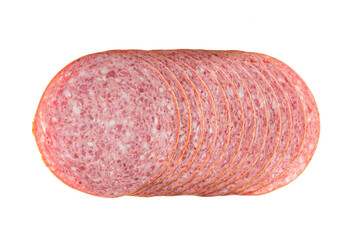 Beautifully sliced salami sausage rests on a white background, highlighting its rich texture and color for use in various food designs and culinary displays.