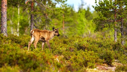 Young reindeer in a boreal forest