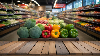Fresh produce display at the grocery store with vibrant bell peppers and broccoli on wood counter