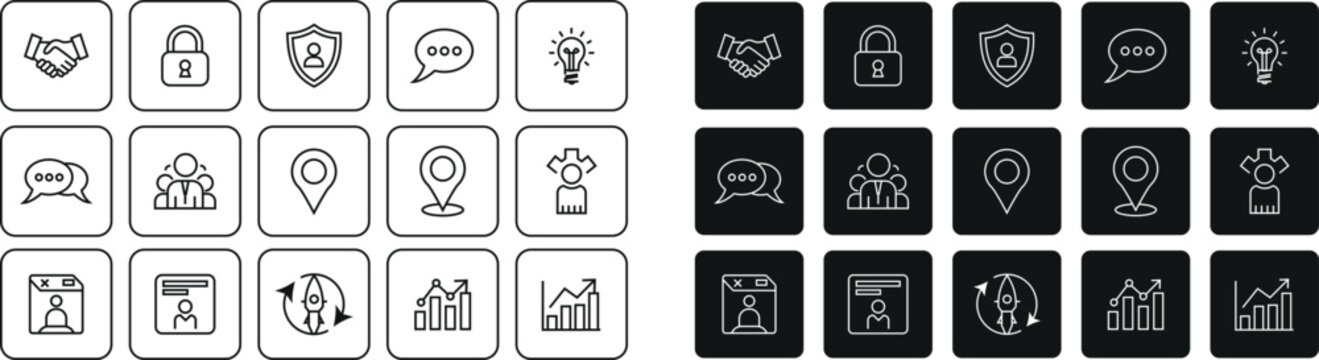 Business Handshake Security Communication Idea Location Teamwork Development and Presentation Icons in Linear Style