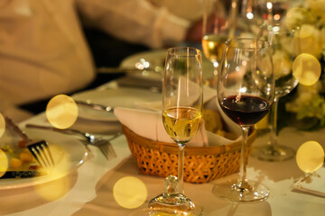 Wedding, couple at celebration party with friends and family, happy and smiling toasting champagne glasses, happy celebration concept.