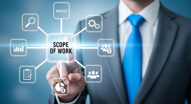 Scope of work business concept, businessman touching digital interface with project management icons, professional planning and strategy visualization