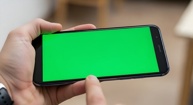 Hand holding smartphone with green screen for app promotion.