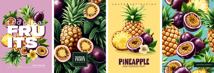 Hand drawn set of designs and patterns. Vectorized gouache illustrations. Illustrations of pineapple and passion fruit set for poster, prints, menu, card or textile