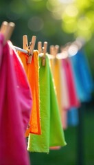 Sun-Drenched Clothes Pegs Drying Laundry on a Washing Line Sparkling Water Droplets, Vibrant Colors, Perfect SpringSummer Household Imagery