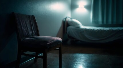 An empty wooden chair sits in the foreground next to a hospital bed in a dimly lit room creating a somber atmosphere