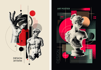 Stylish posters with halftone newspaper antique statues and geometric shapes