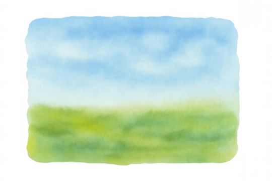 Watercolor landscape painting with blue sky and green grass field on transparent background, copy space