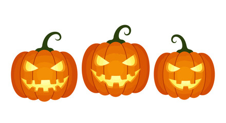 Three carved Halloween pumpkins with glowing faces, isolated on white.