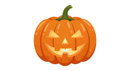 Cartoon jack-o'-lantern with a smiling face and a green stem on a white background.