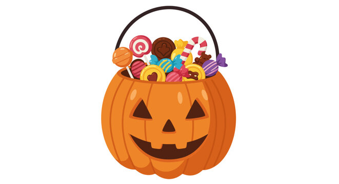 Halloween pumpkin basket filled with candy, lollipops, and treats. - Powered by Adobe