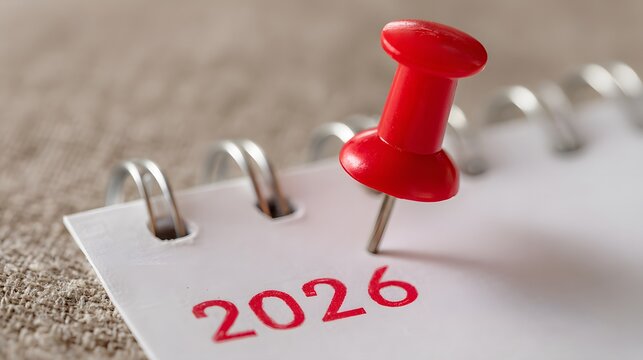 Red pin marks year 2026 on white paper