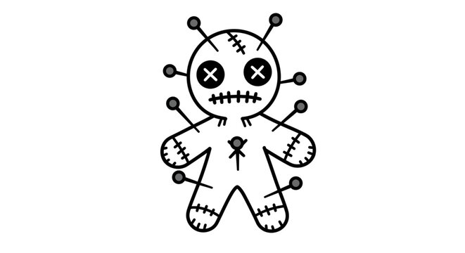 Voodoo doll with pins, black and white illustration.