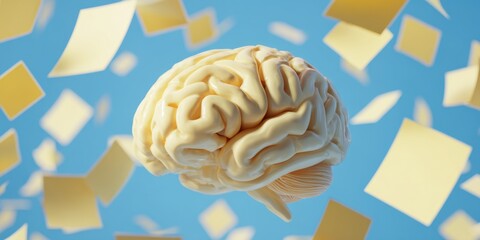 A pale beige brain floats amidst a flurry of light yellow sticky notes against a light blue background