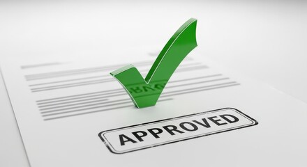 Green Checkmark Symbol on Document with Approved Stamp for Business Success and Validation