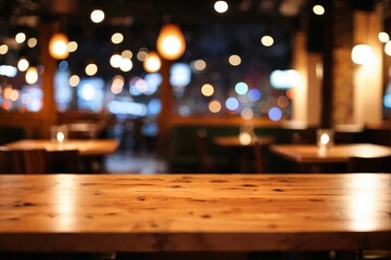 居心地の良い飲食店の暗い背景と光のボケ：前景の木材