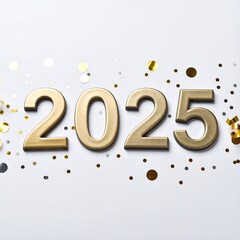 Shiny gold 2025 digits with confetti on white glow